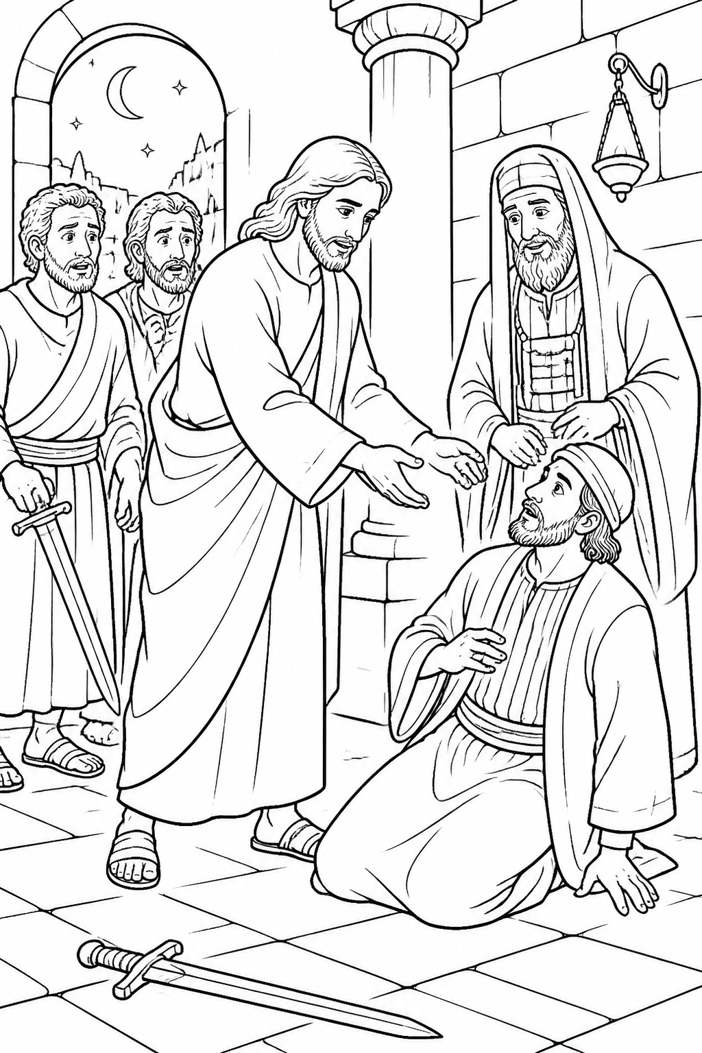 Jesus Stops Violence and Heals from Jesus Is Arrested and Tried Bible coloring page