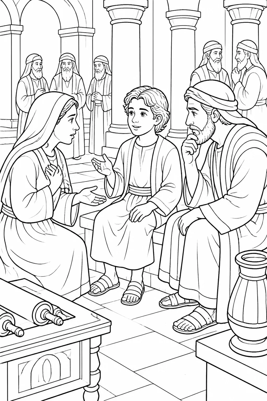 Young Jesus with Mary and Joseph inside the temple after his parents find him, with Jesus referring to his Father’s house or affairs.