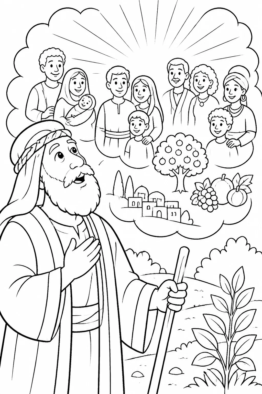 Abram looks upward while gentle light, families of people, flourishing plants, and a growing community represent God’s promises to bless him and all families of the earth.