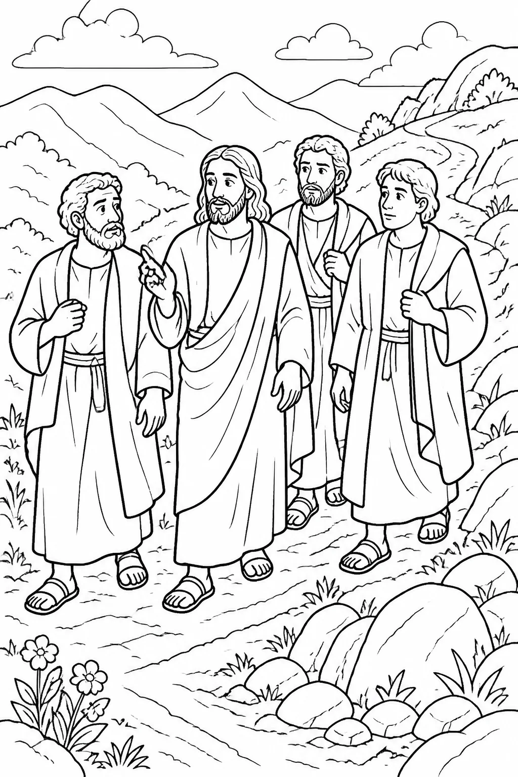 Jesus leads Peter, James, and John down a mountain path and instructs them not to tell anyone about the vision until the Son of Man has been raised from the dead.