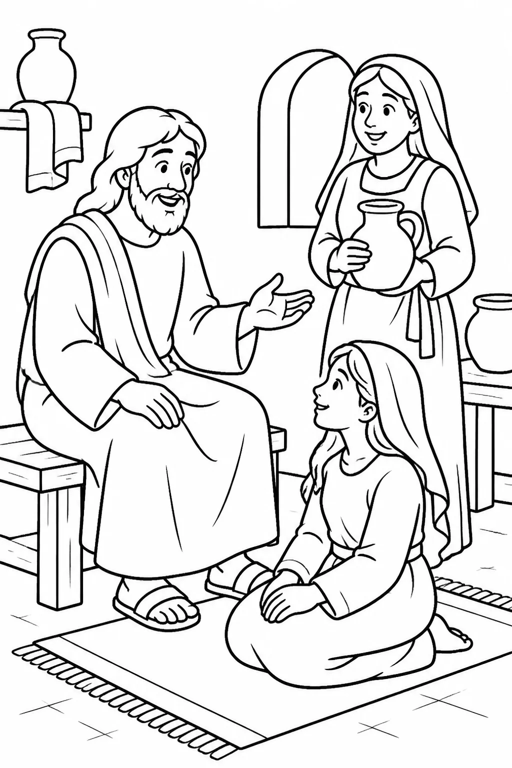 Jesus speaks in Martha’s home while Mary sits at his feet listening and Martha remains nearby, representing Mary choosing the good portion.