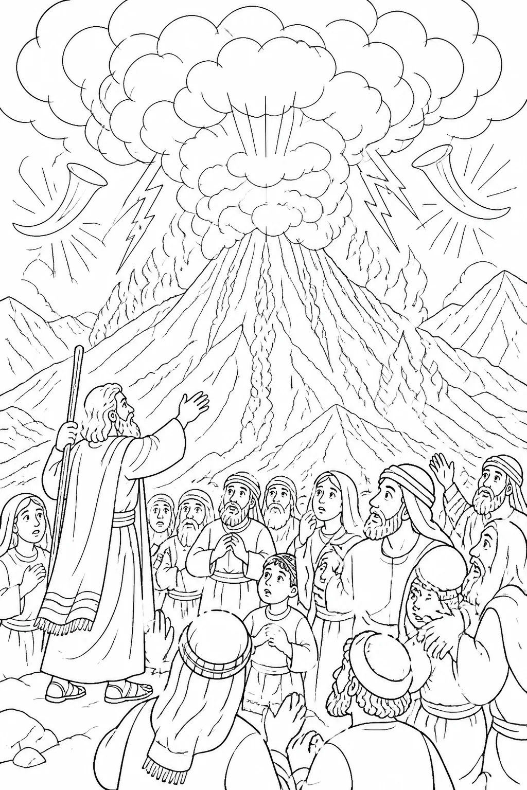 Moses stands at the foot of Mount Sinai while the people of Israel respond with awe as the mountain is surrounded by thick cloud, smoke, fire, lightning, and a loud trumpet sound.