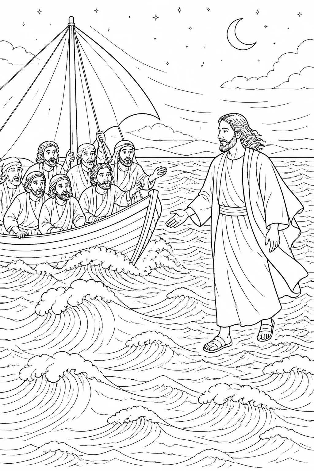 Jesus walking across the sea toward a small boat carrying several disciples while waves move around it and wind presses against them.