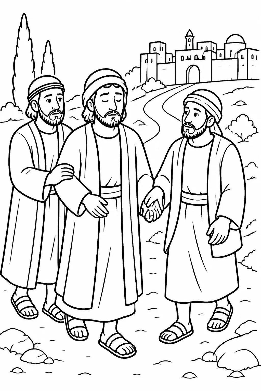 Saul with his eyes closed is led by unnamed companions along the road toward Damascus after he temporarily loses his sight.