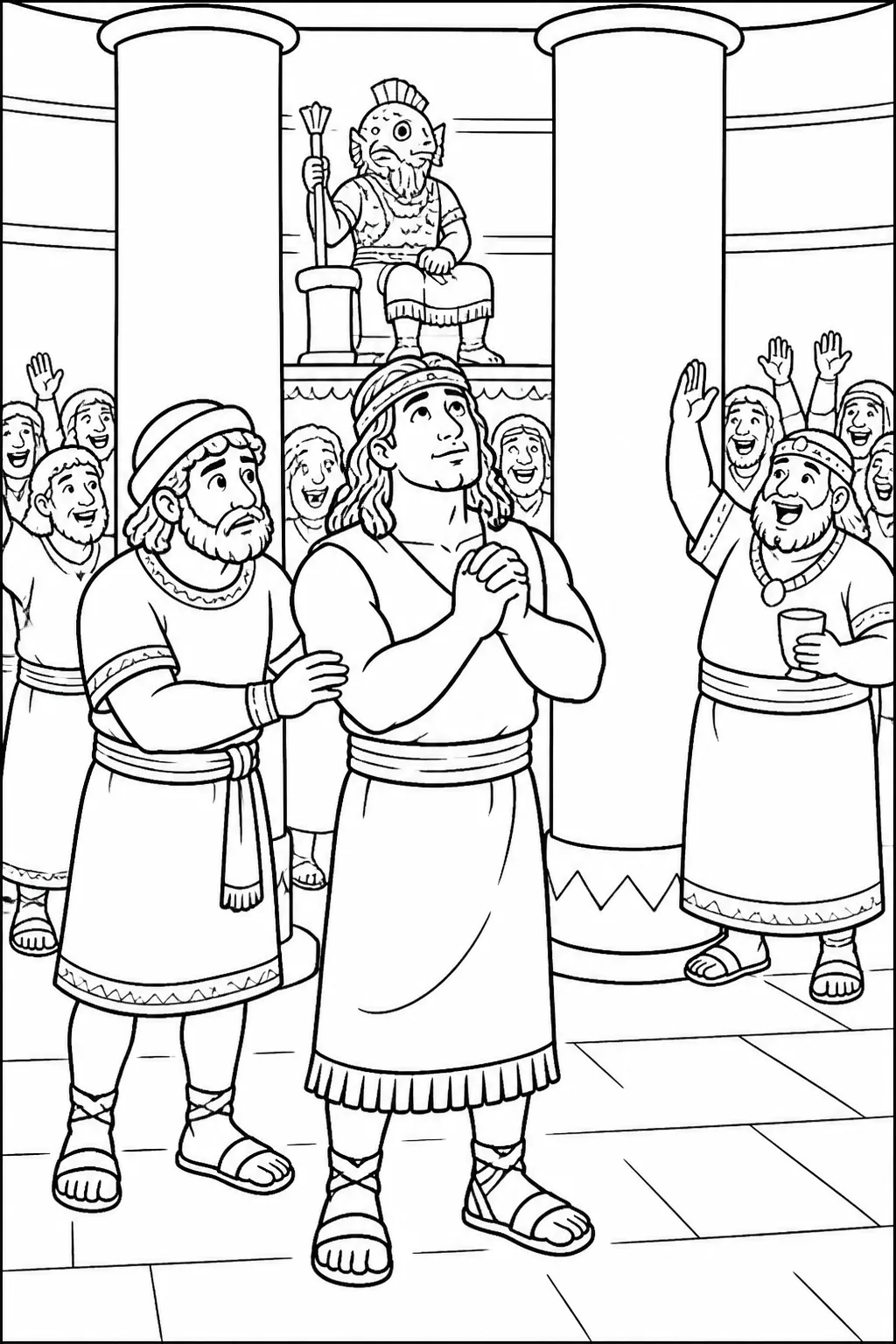 Samson prays for strength while standing between the pillars of Dagon’s temple, with a servant guiding him and Philistines gathered nearby.
