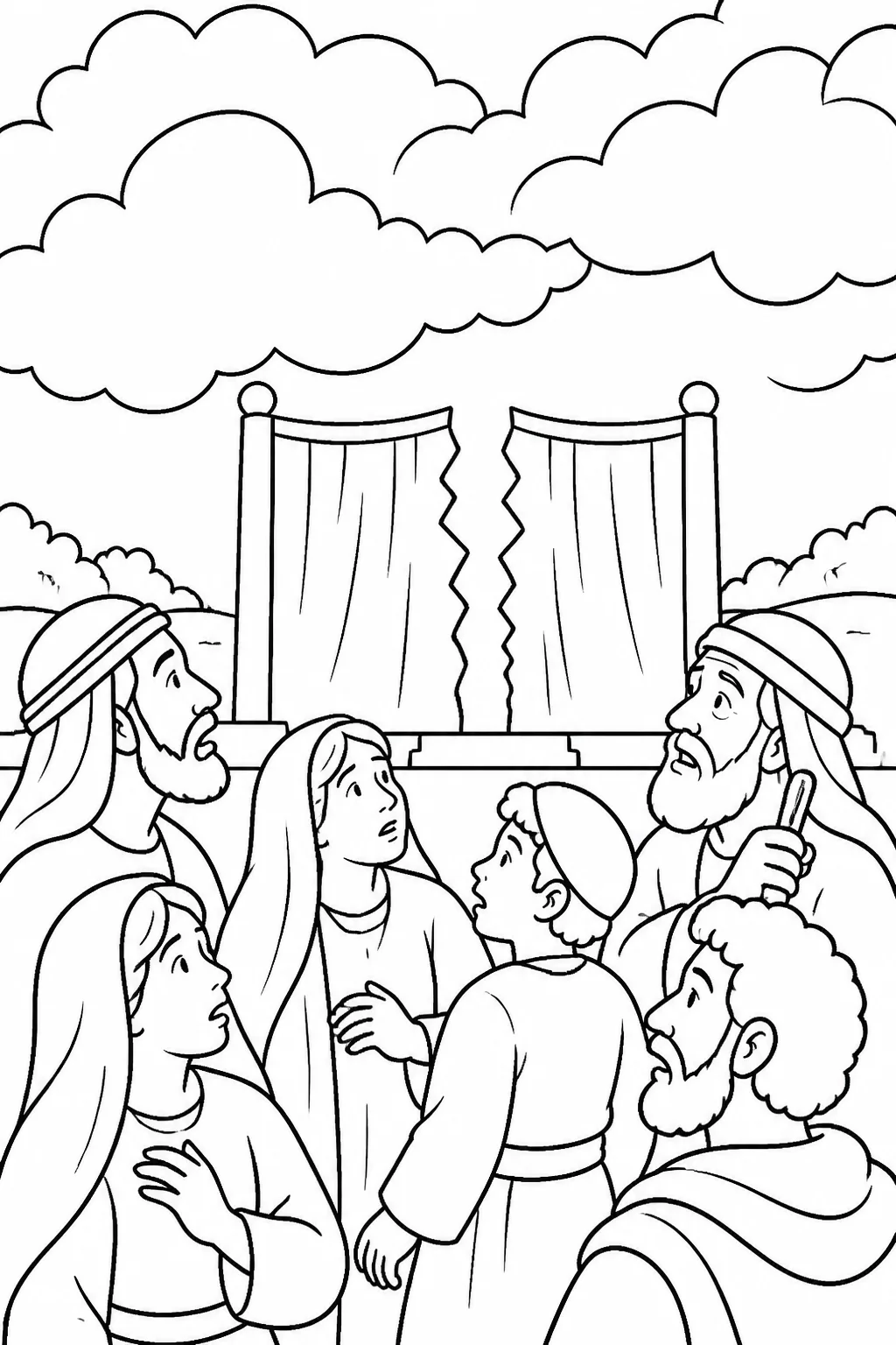 Symbolic illustration of the land beneath a darkened sky with a simple temple curtain torn in two, representing Luke 23:44–45.