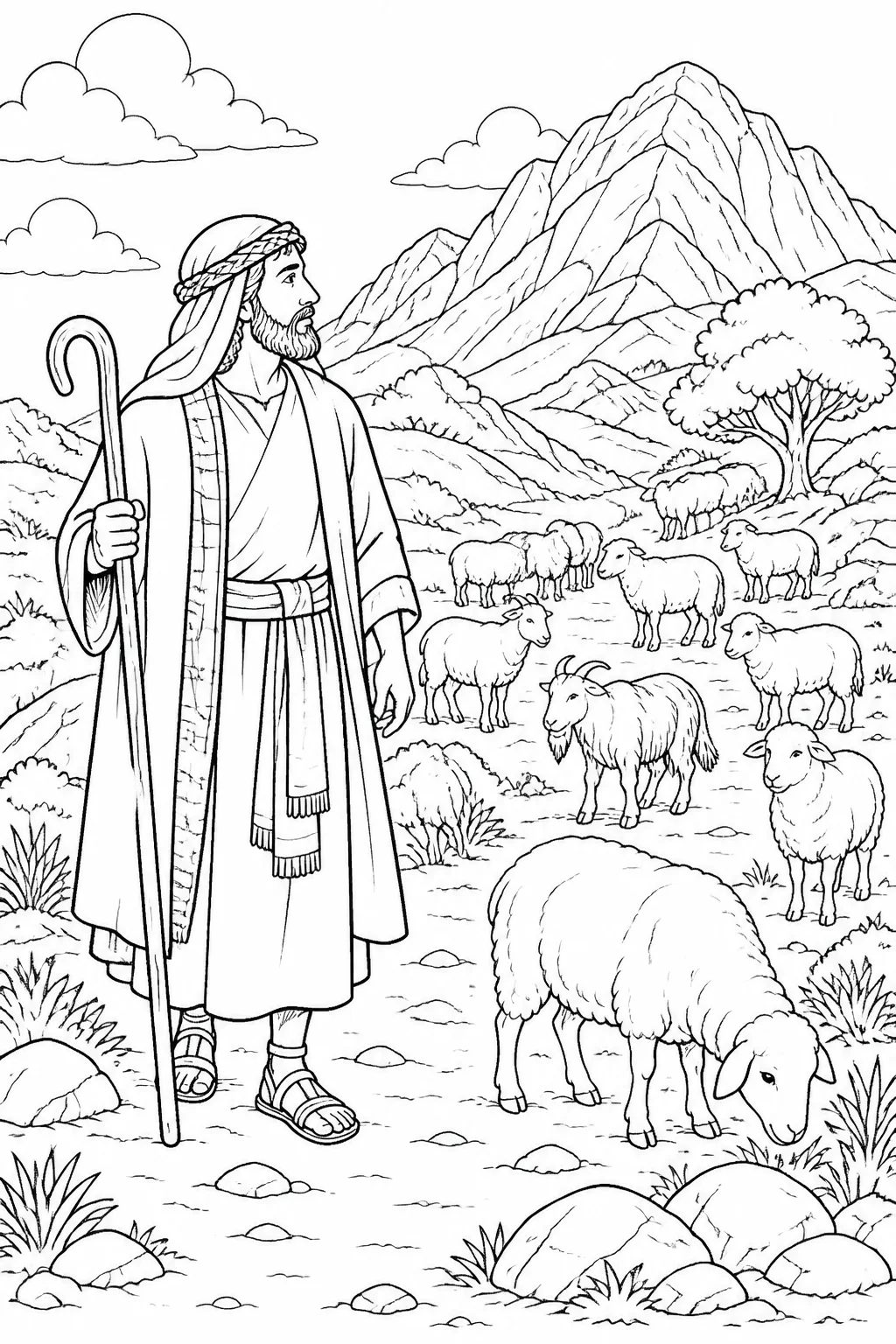 Moses tending Jethro’s flock in the wilderness as he leads the animals toward Horeb, the mountain of God.