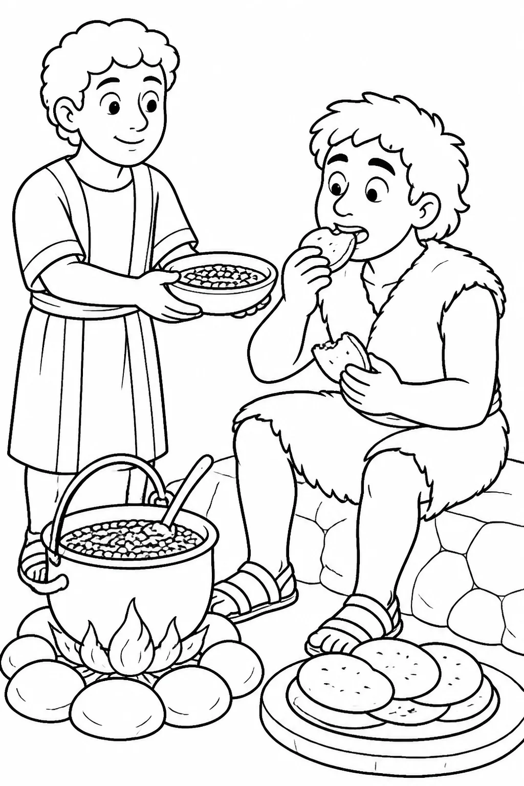 Jacob gives Esau bread and a bowl of lentil stew beside a cooking area after Esau sells his birthright.