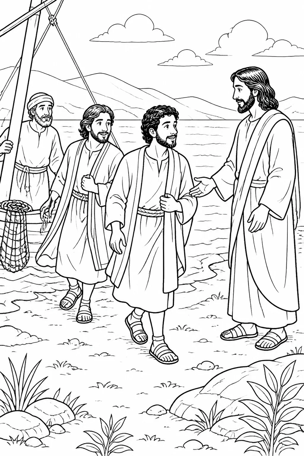James and John leave their boat and their father Zebedee beside the Sea of Galilee to follow Jesus, based on Matthew 4:22.