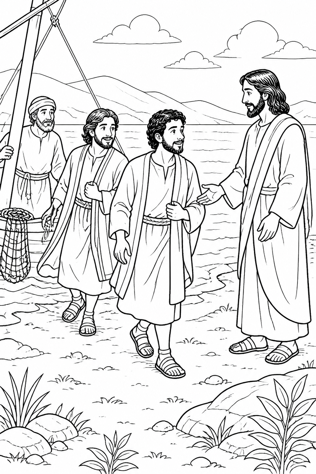 James and John Follow Jesus from Jesus Calls His First Disciples Bible coloring page