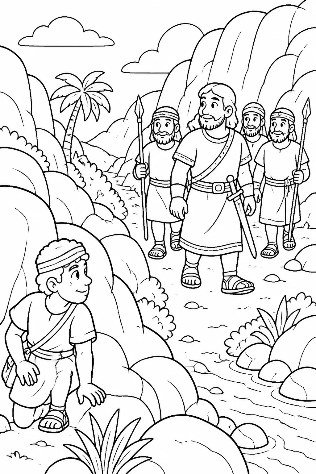 Child-friendly illustration concept of Saul and his chosen men traveling through the rocky wilderness of En-gedi while David’s hiding place is suggested nearby.