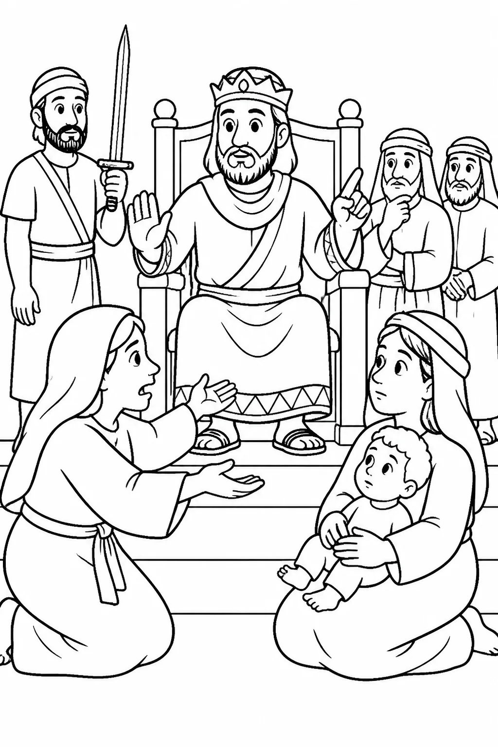 Solomon’s court scene with two unnamed women, one living child, and a safely held sword representing Solomon’s test; the child is unharmed.