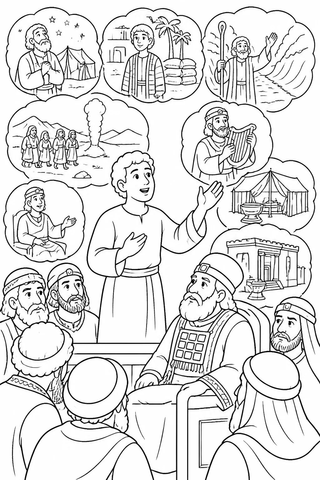 Stephen addresses the high priest and council while symbolic references represent Abraham, Joseph, Moses, the wilderness, David, Solomon, a tabernacle, and the temple.