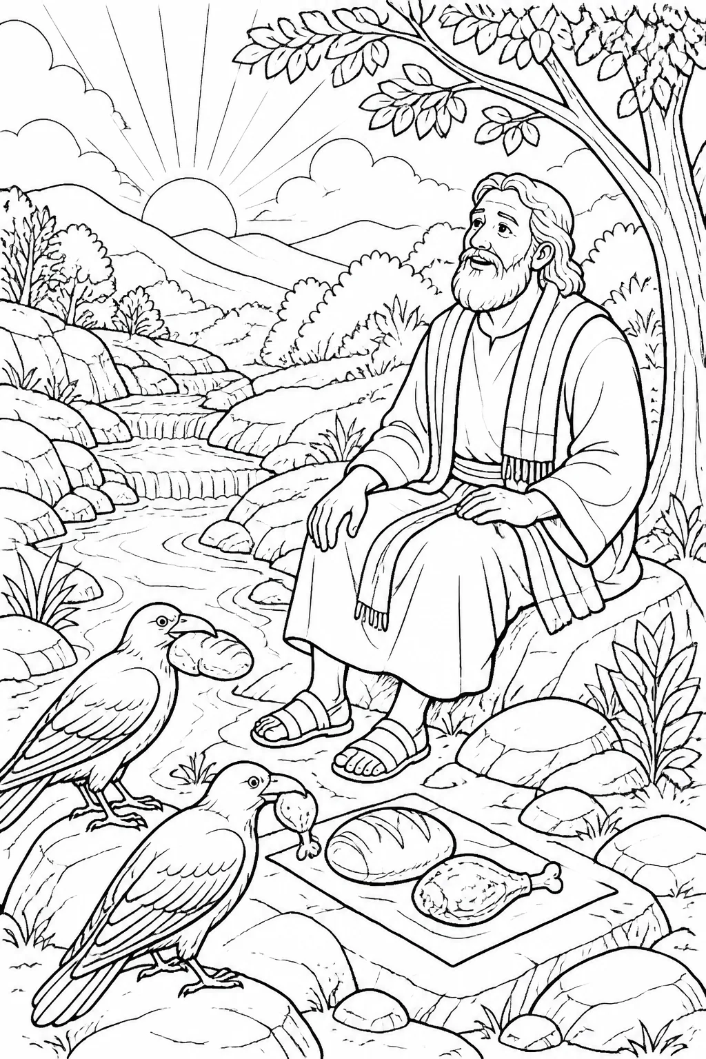 Elijah beside the Brook Cherith as ravens bring him bread and meat, with water nearby, based on 1 Kings 17:5–6.