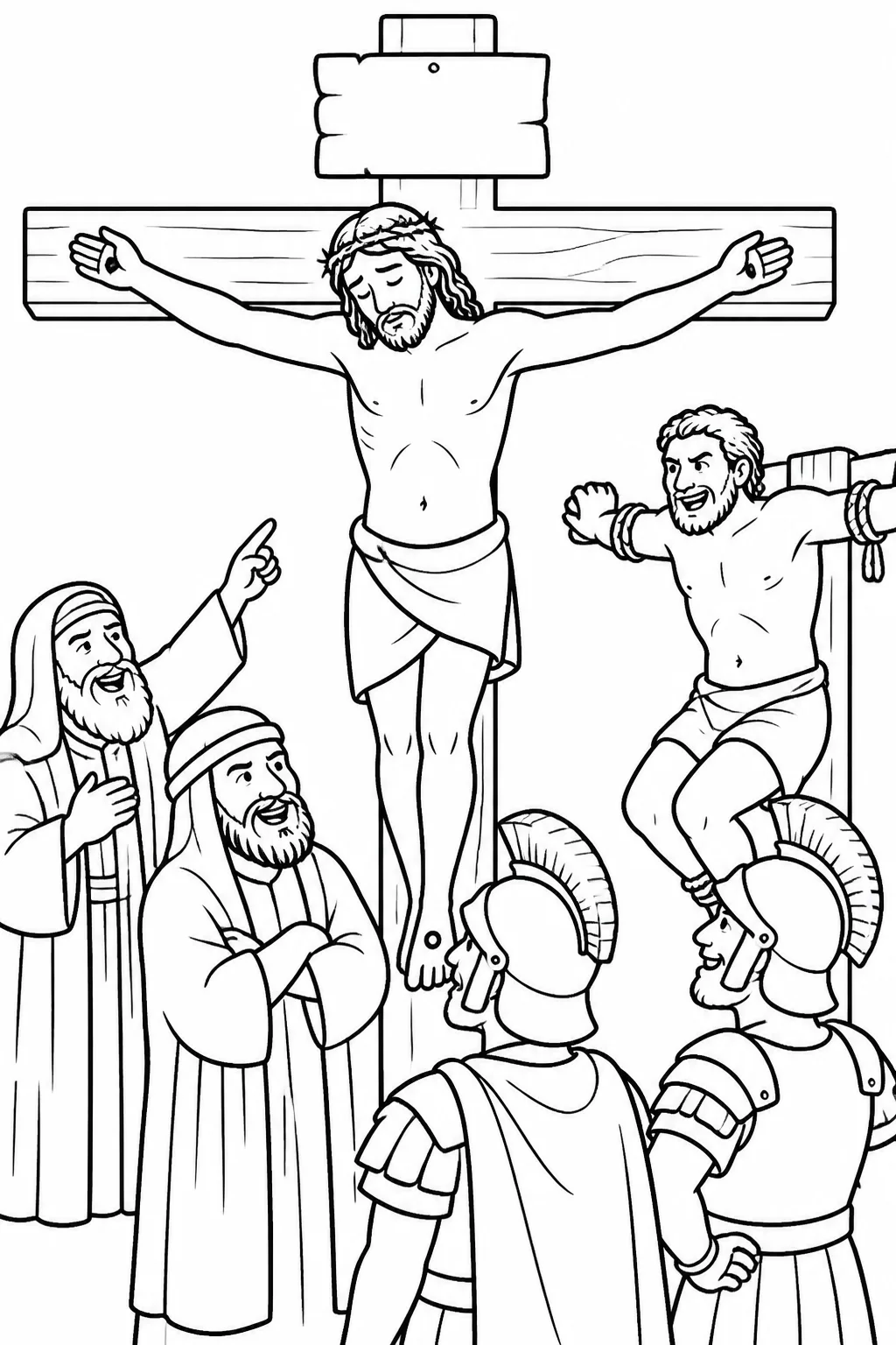 Jesus on the cross with a written notice above him identifying him as the King of the Jews, while rulers, soldiers, and one criminal mock him.