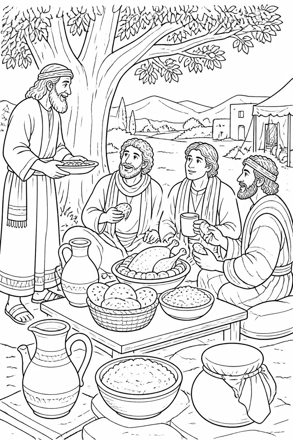 Abraham serves water and a meal of bread, prepared food, curds, and milk to three visitors beneath a tree near his tent.
