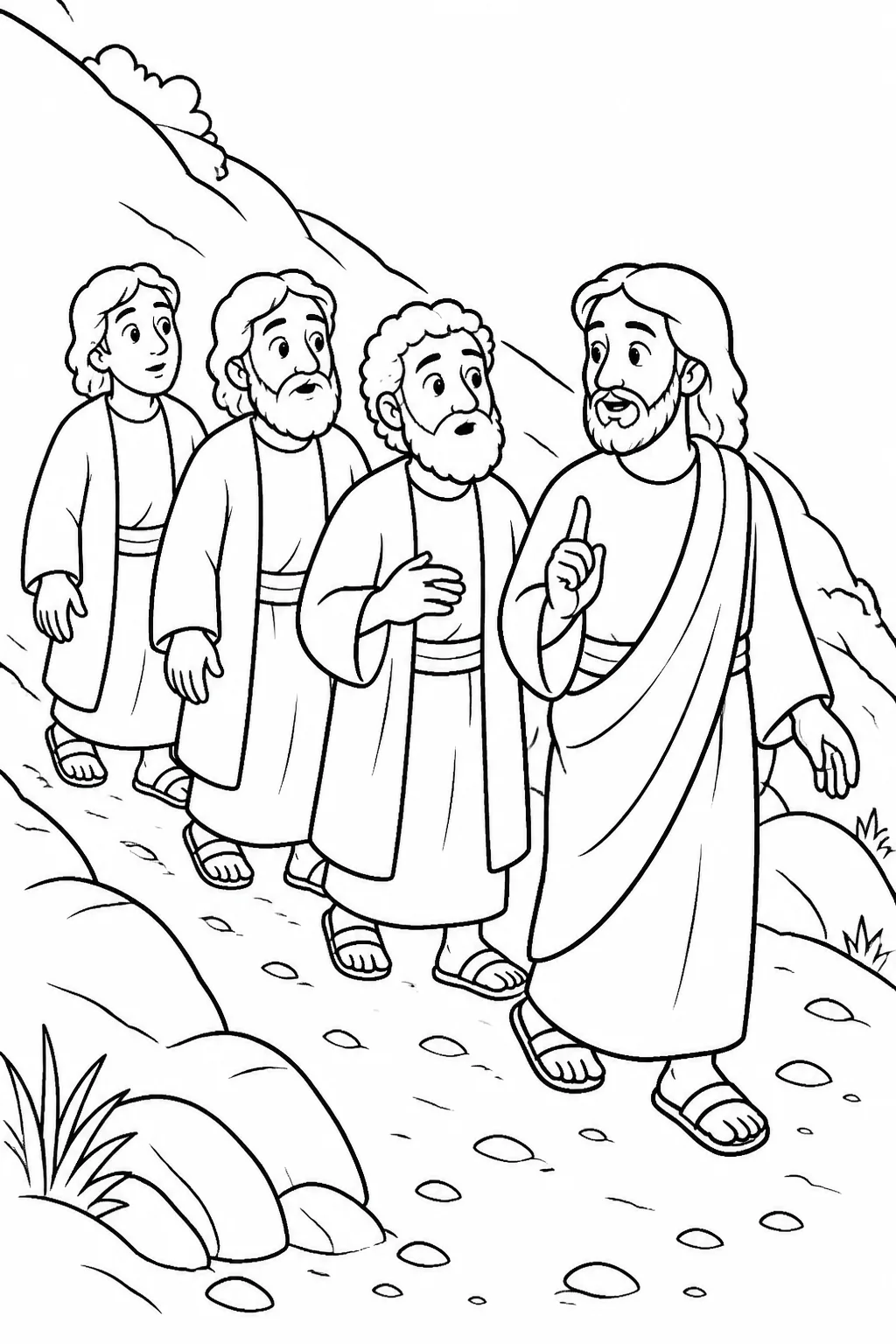 Jesus leads Peter, James, and John down a mountain path and instructs them not to tell anyone about the vision until the Son of Man has been raised from the dead.