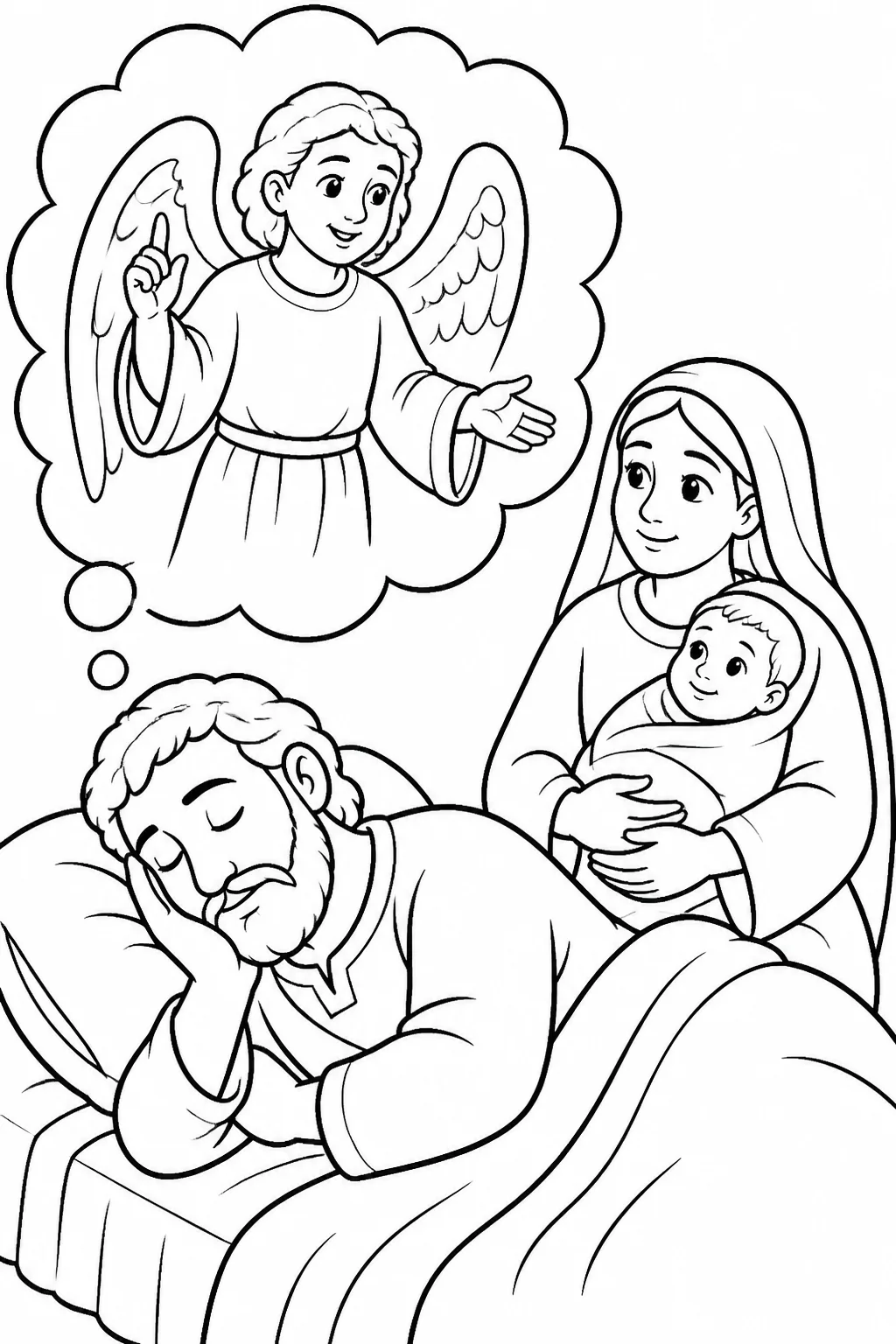 Joseph receives a warning from an angel of the Lord in a dream to take Jesus and Mary to Egypt for the child’s protection.