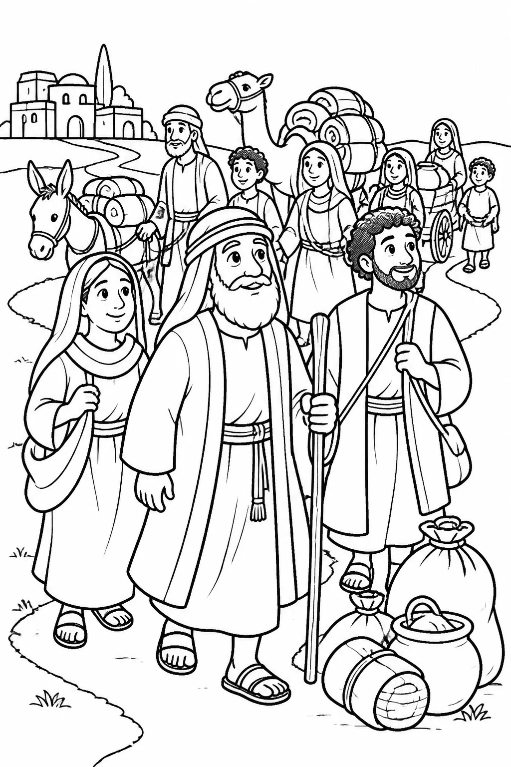 Abram, Sarai, Lot, household members, and possessions setting out from Haran along a simple path toward Canaan.