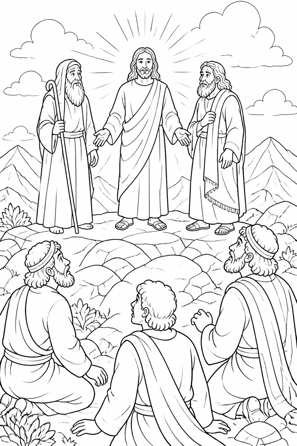 Jesus stands radiantly on a high mountain while Moses and Elijah speak with him, as Peter, James, and John observe.