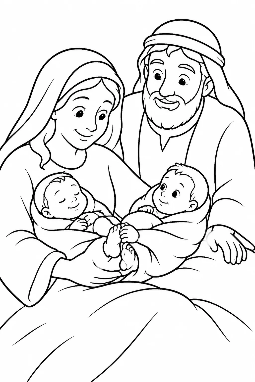 Rebekah with newborn twins Esau and Jacob, with Jacob holding Esau’s heel and Isaac nearby, depicting Genesis 25:19-26.