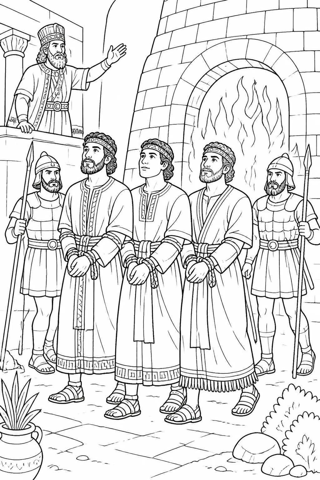 Shadrach, Meshach, and Abednego, bound and wearing their garments, are brought toward the blazing furnace as Nebuchadnezzar’s order is carried out.