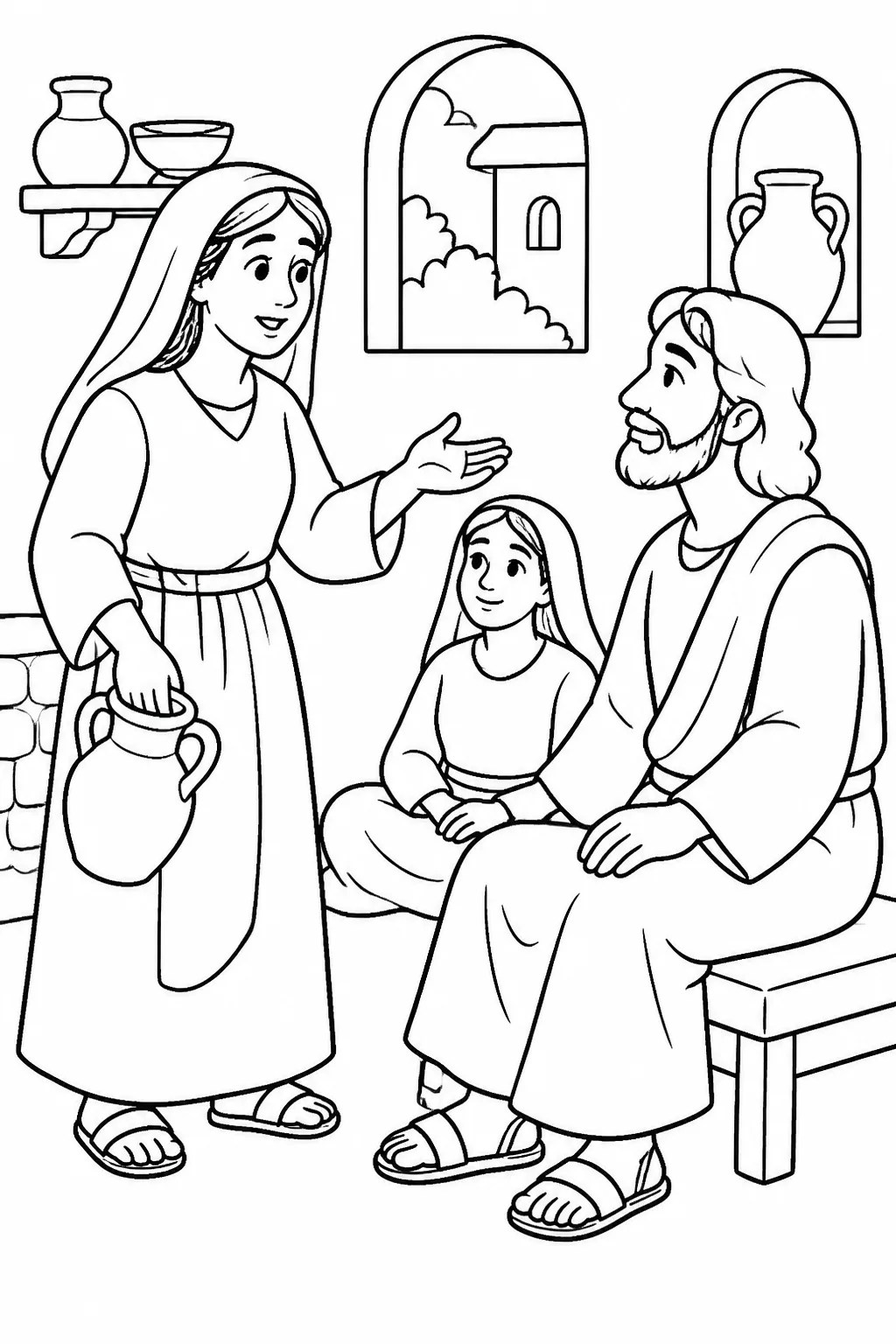 Jesus, Martha, and Mary in Martha’s home: Martha turns to Jesus with concern while Mary sits at Jesus’ feet listening.