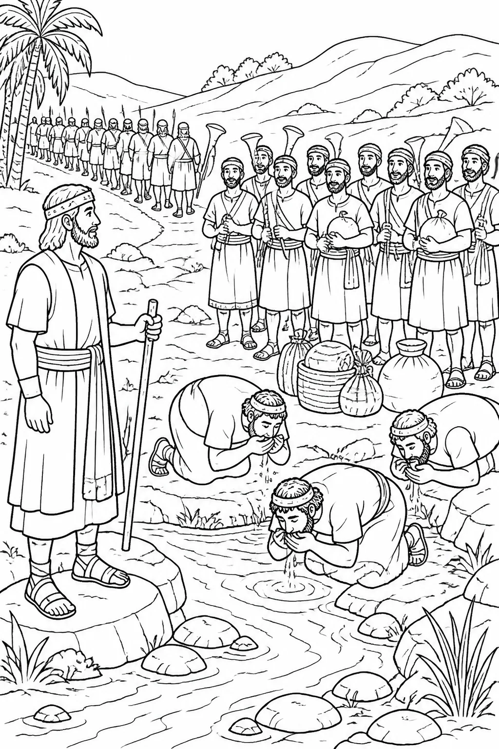 Gideon watches men drink at the spring of Harod as some soldiers depart and the chosen 300 remain with provisions and trumpets.