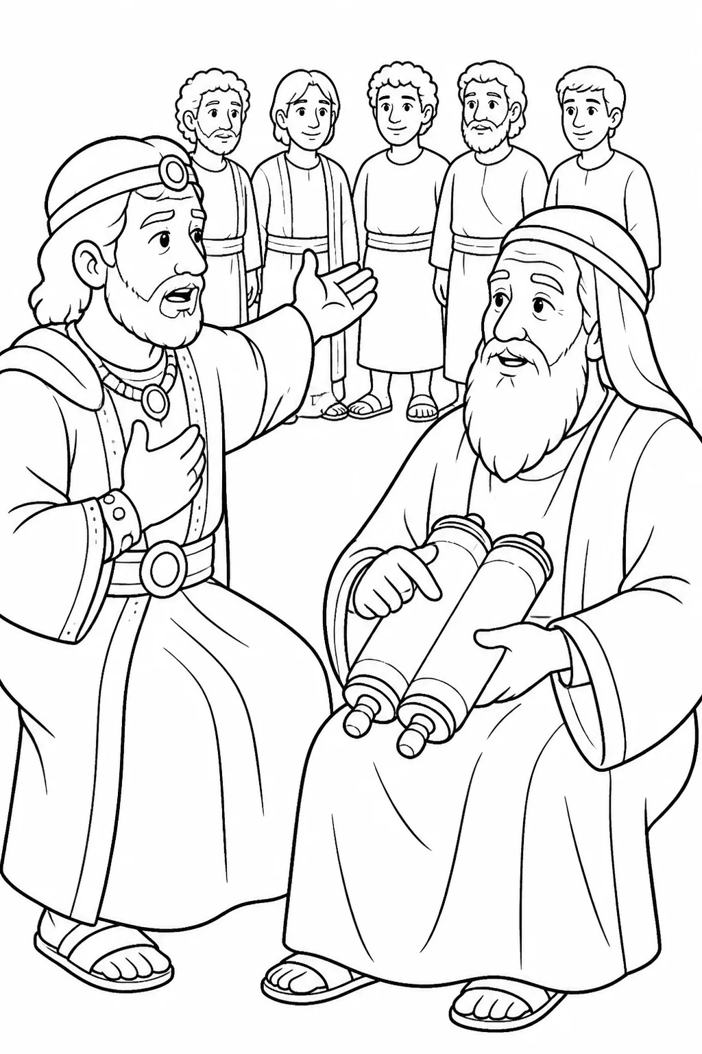 The rich man gestures toward his five unnamed brothers while Abraham points to scrolls representing Moses and the Prophets.