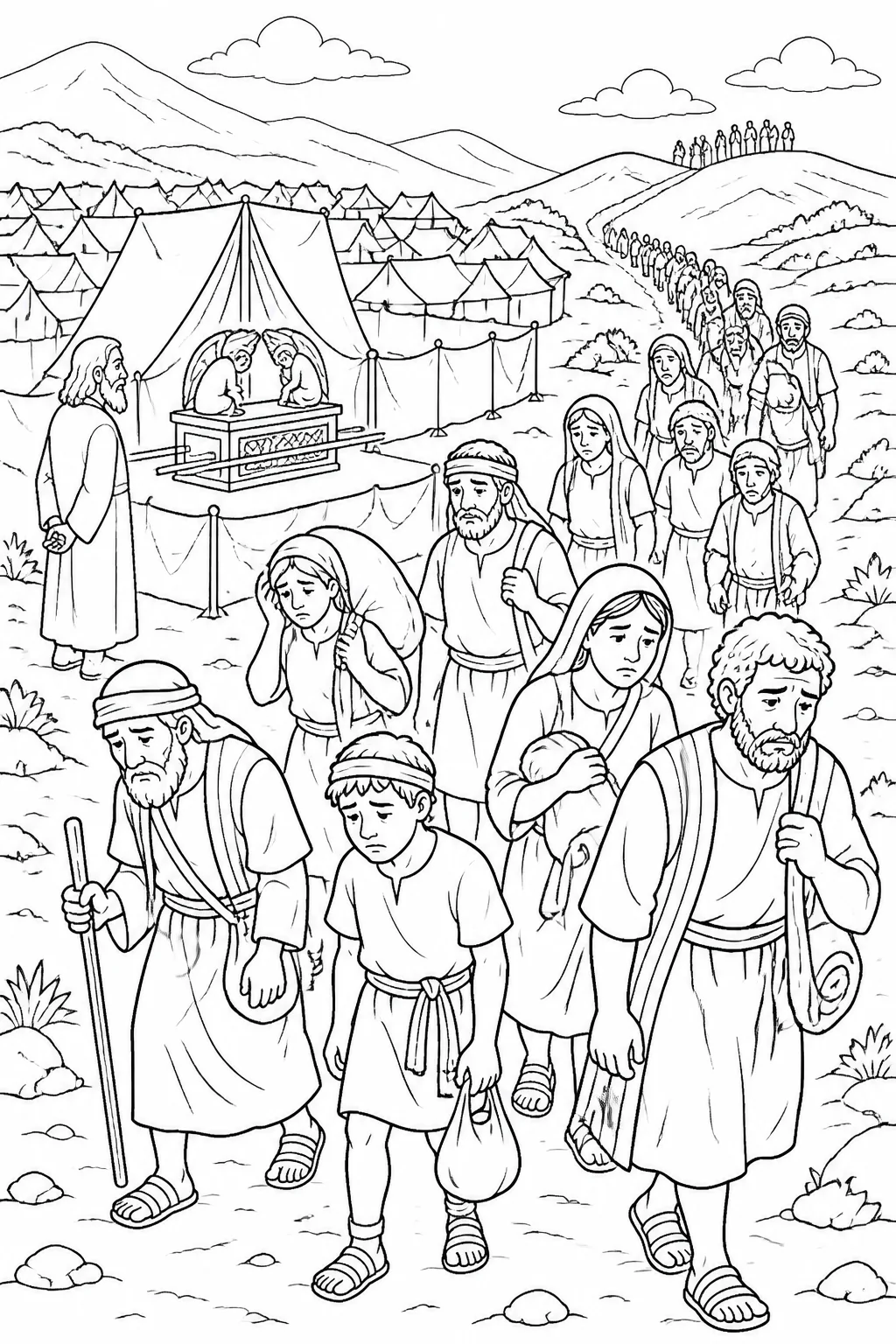 Illustration concept of the Israelite community approaching the hill country while Moses and the ark of the covenant remain in the camp, with weary travelers shown on a distant retreating path.