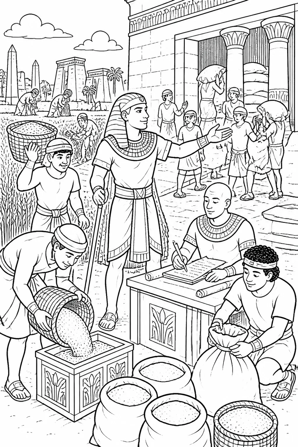Joseph supervises workers carrying abundant grain from Egyptian fields into city storehouses, with baskets, sacks, measuring tools, and records.