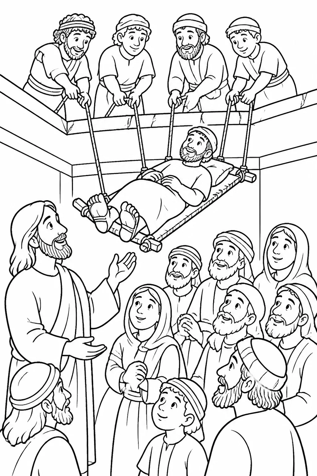 Jesus and a gathered crowd watch as four unnamed friends lower a paralyzed man on a mat through an opened roof.
