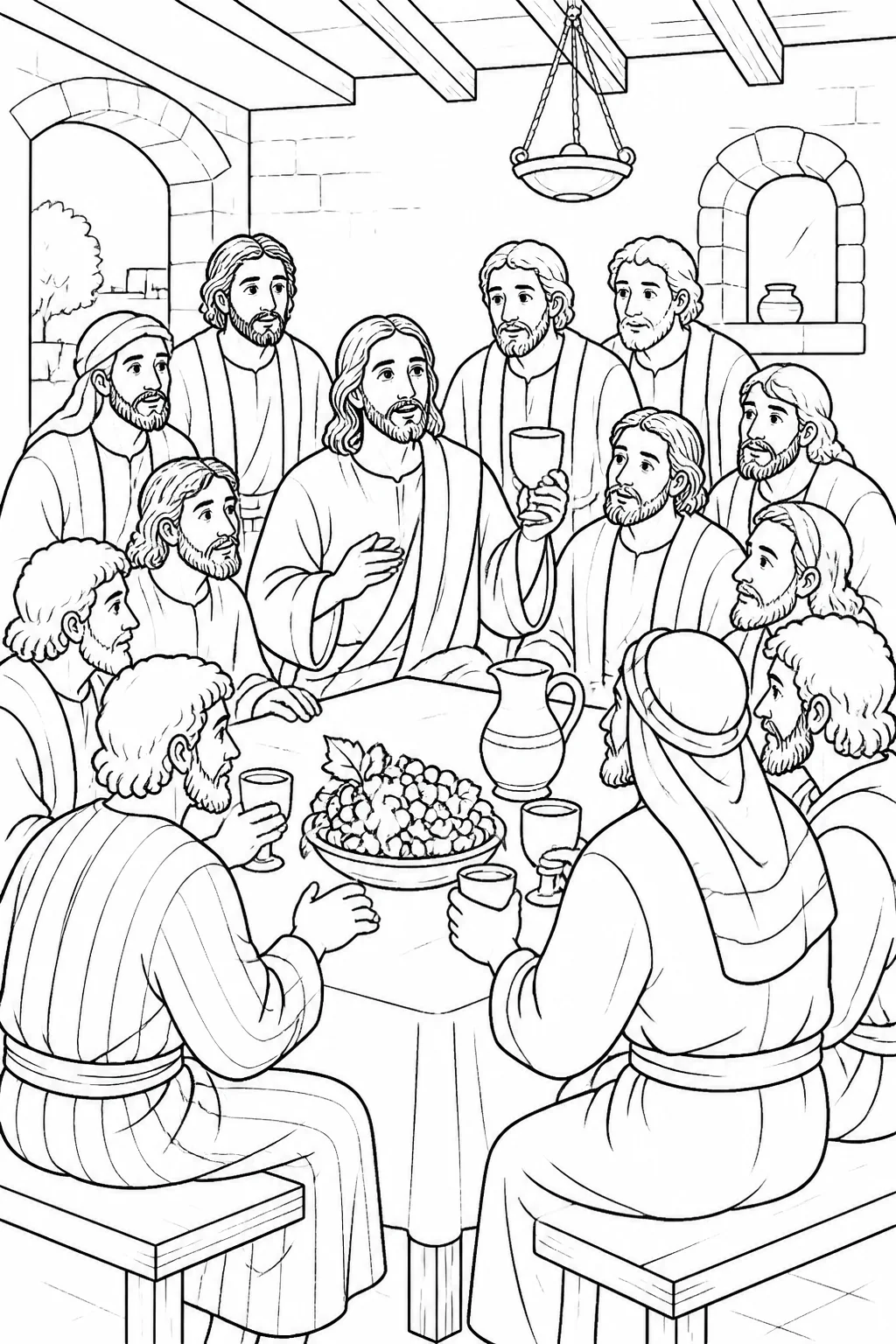 Jesus gives thanks for a cup and tells the apostles to divide it among themselves during the Passover meal, as described in Luke 22:17–18.