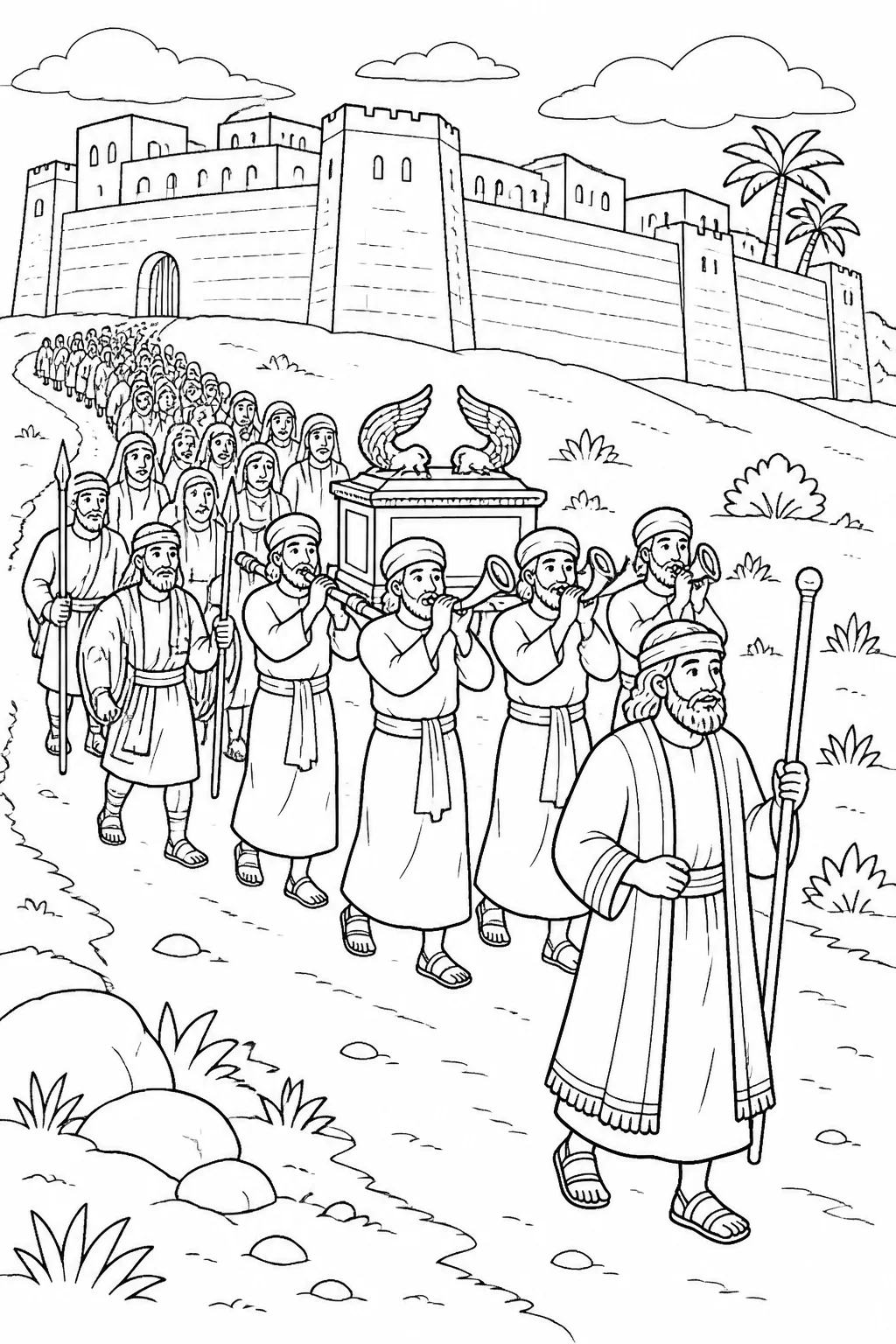 Joshua leads the priests, armed men, and people of Israel in a quiet procession with the ark and trumpets around Jericho’s standing wall during the first six days.