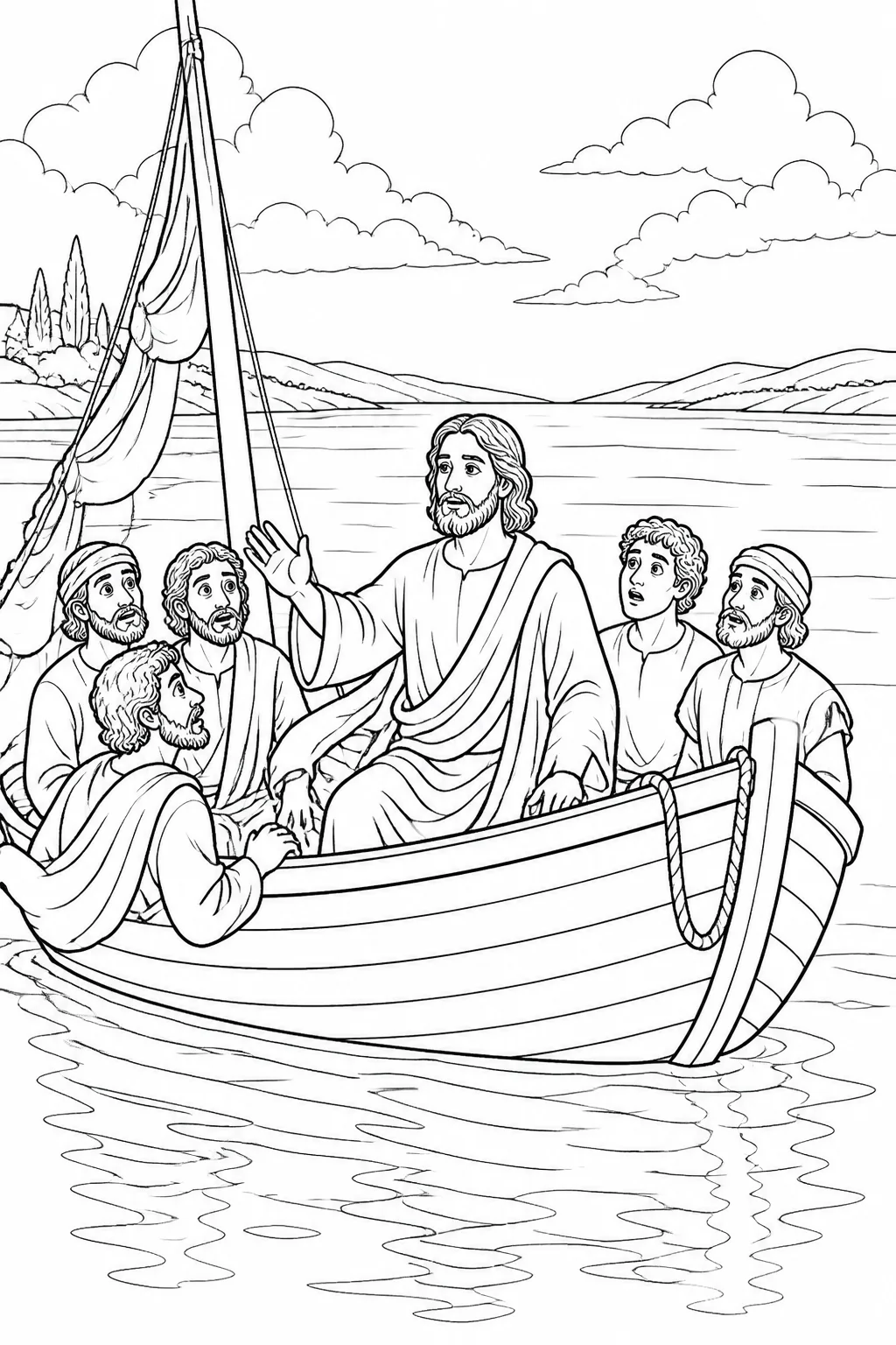 Jesus in a boat speaking to the wind and sea as the storm becomes calm, based on Mark 4:39.