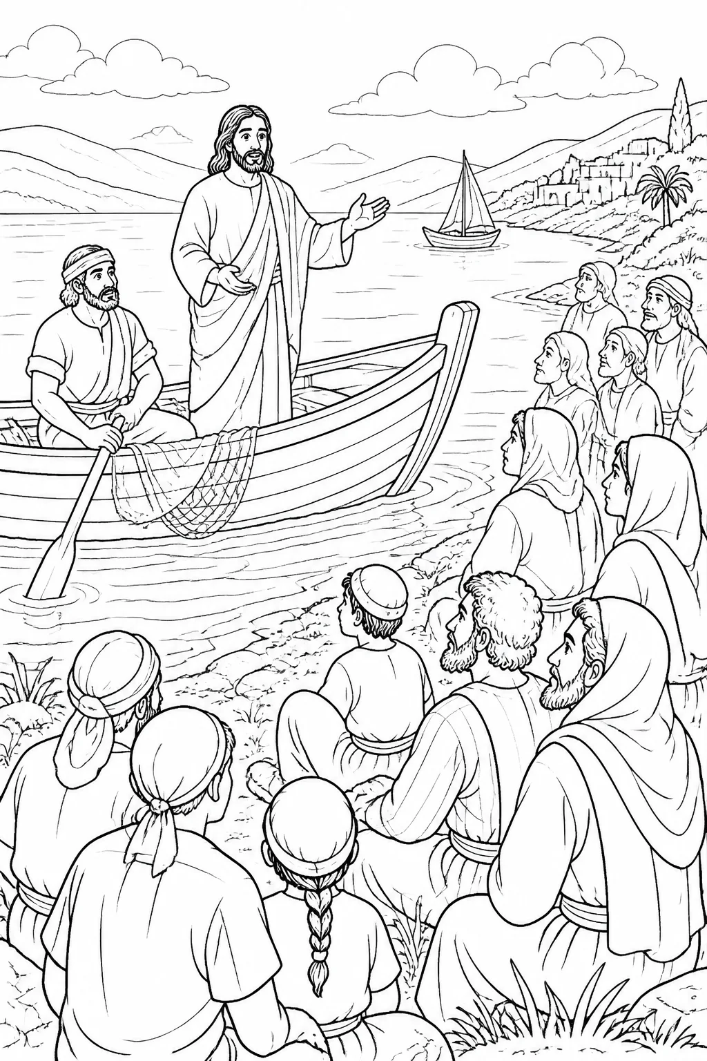 Jesus teaching a non-specific crowd from Simon’s boat near the shore of the Lake of Gennesaret, based on Luke 5:1-3.