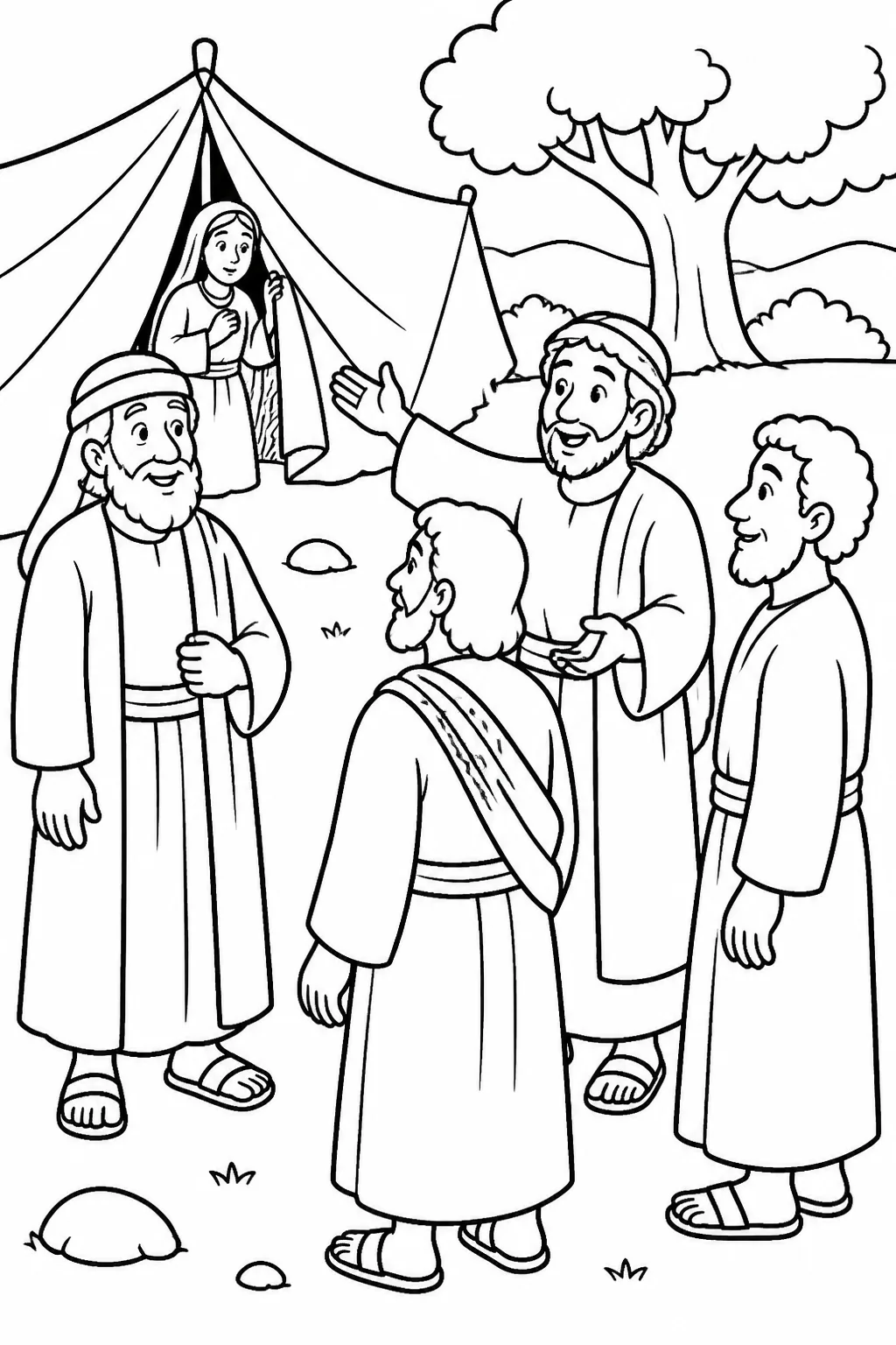 Abraham stands beside his tent near three visitors while Sarah listens at the tent entrance as a visitor announces the promise of a son.