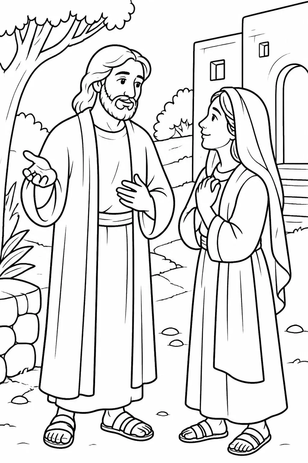 Jesus and Martha meet in Bethany while Jesus declares that he is the resurrection and the life, and Martha affirms her belief.