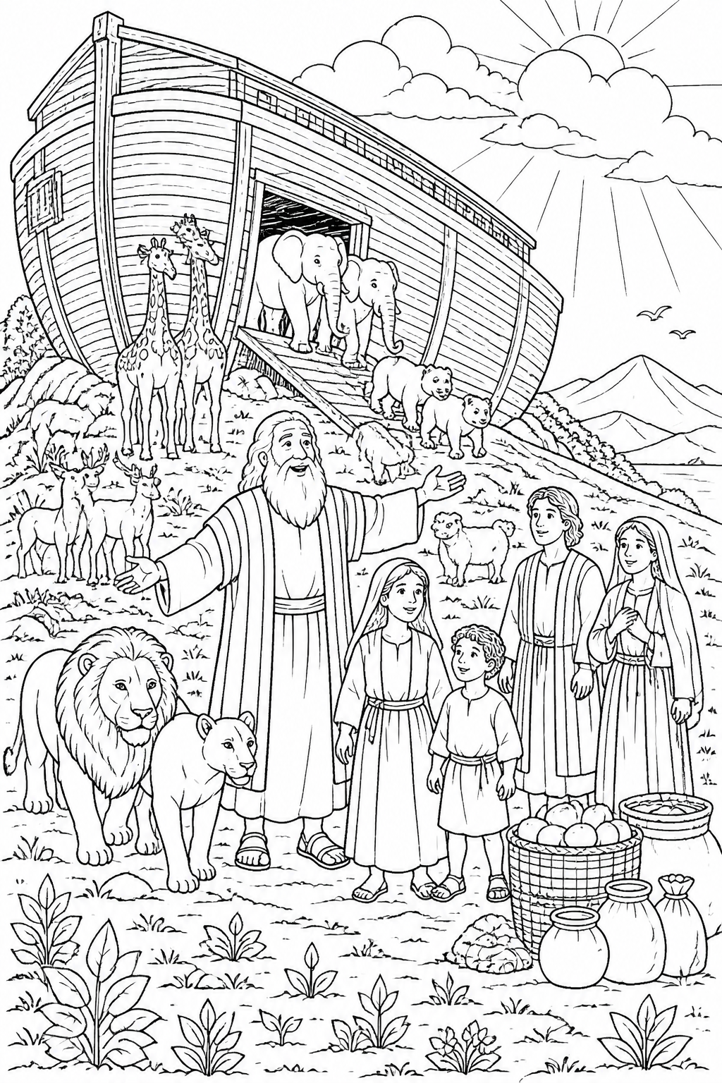 Ark Resting on Dry Land and Mountain View from Noah’s Ark Bible coloring page