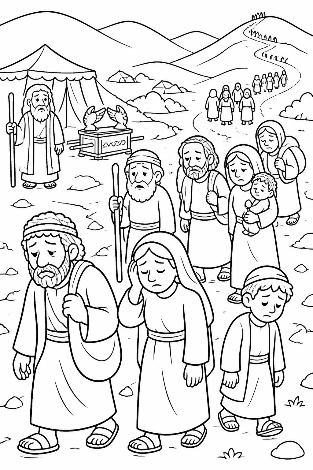 Illustration concept of the Israelite community approaching the hill country while Moses and the ark of the covenant remain in the camp, with weary travelers shown on a distant retreating path.
