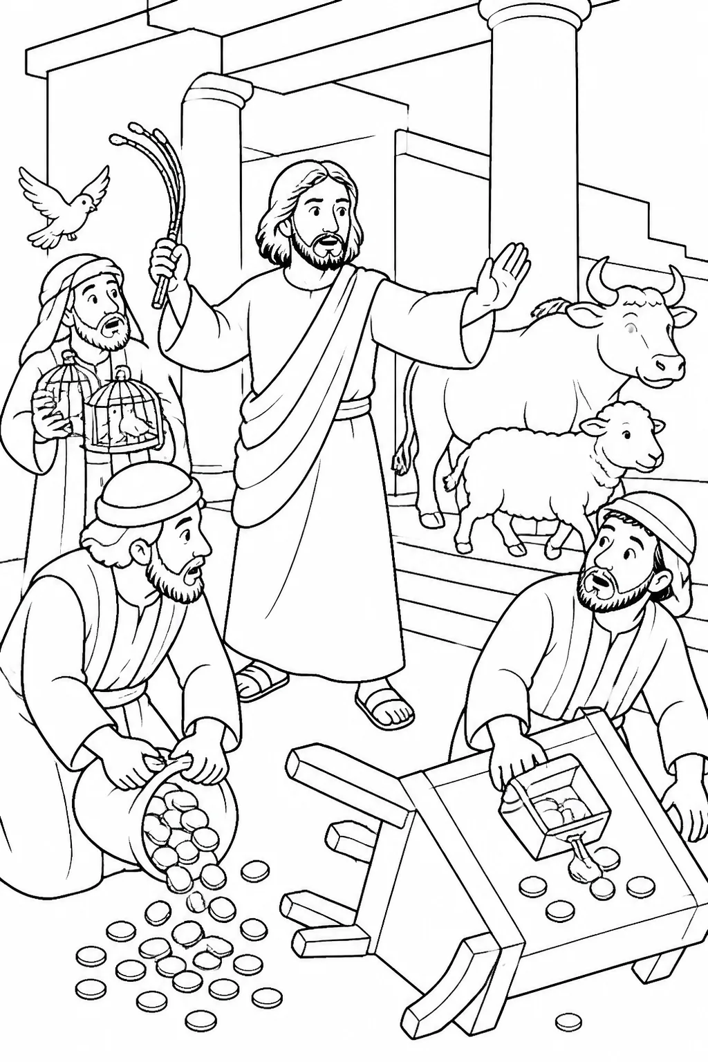 Jesus takes firm, controlled action in the temple area as sheep and oxen move away, coins spill, tables are overturned, and dove sellers are told to take their things away.