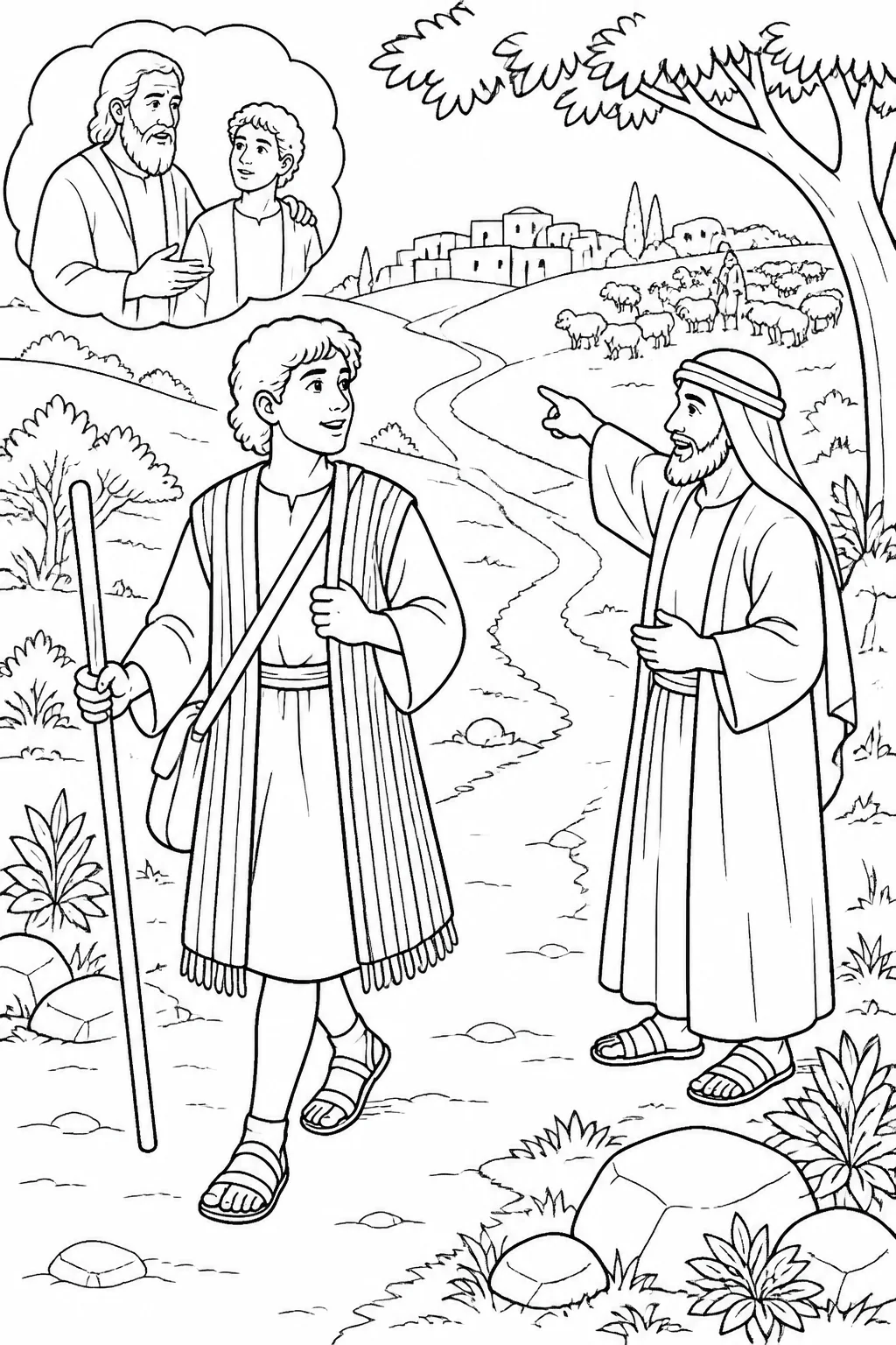 Joseph walking along a countryside path toward Dothan after an unnamed man directs him while he searches for his brothers and their flock.