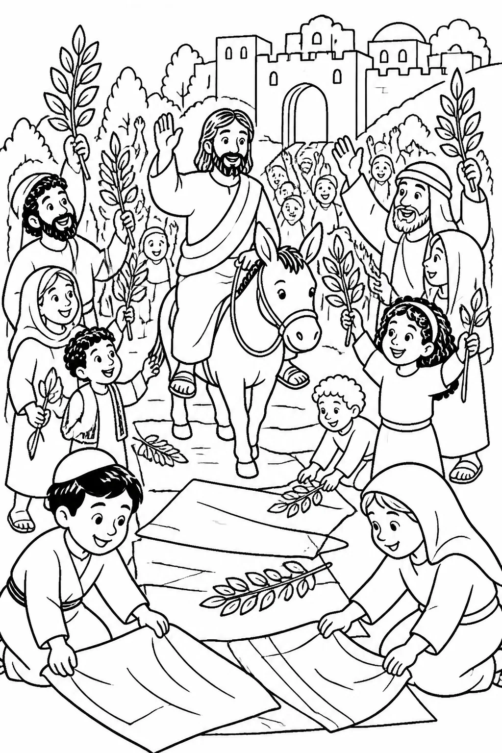 Jesus approaches Jerusalem as a crowd welcomes him by spreading cloaks and branches from trees across the road and praising him as the Son of David.