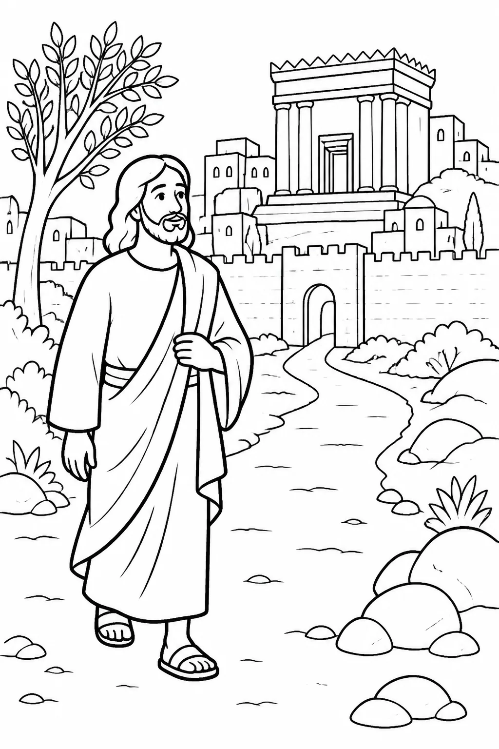 Jesus arriving in Jerusalem during Passover, with the city and temple represented in the background.