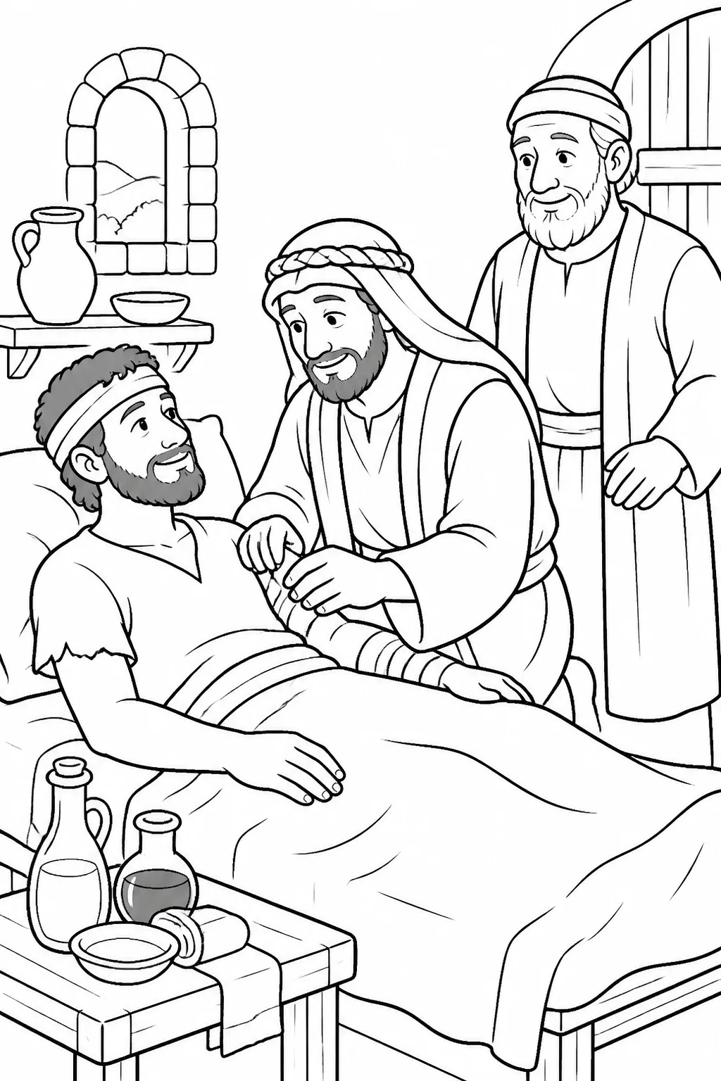 The Good Samaritan tends the wounded traveler inside an inn while the innkeeper stands nearby, with bandages, oil, and wine representing the care described in Luke 10:33–35.
