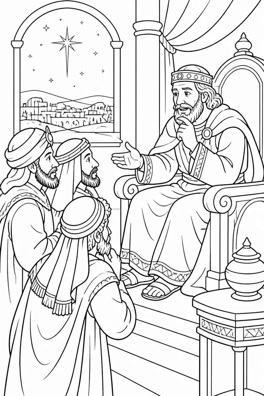 Herod the king secretly speaking with Magi from the east and sending them to Bethlehem to search for the child after learning when they saw the star.