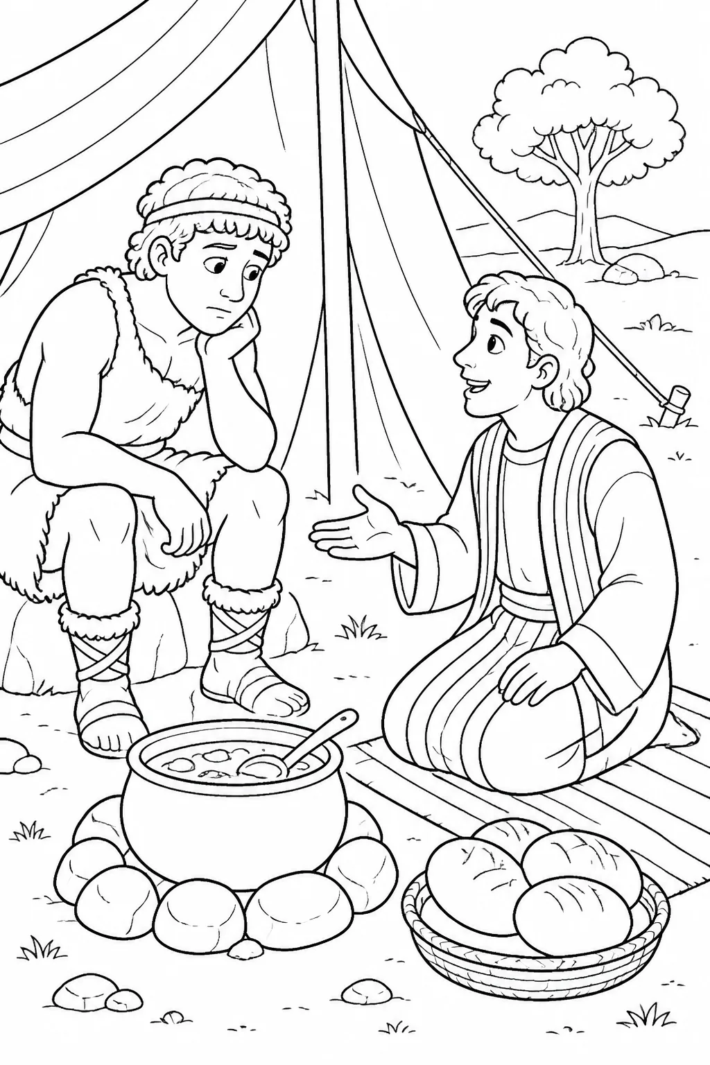 Jacob and Esau face one another beside stew and bread in a tent setting as Jacob asks Esau to sell his birthright before receiving the meal.