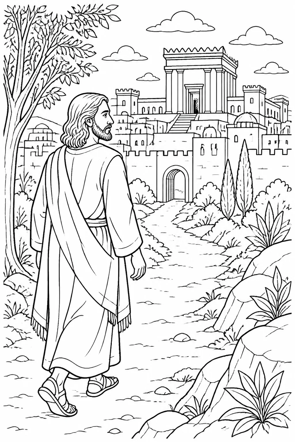 Jesus arriving in Jerusalem during Passover, with the city and temple represented in the background.