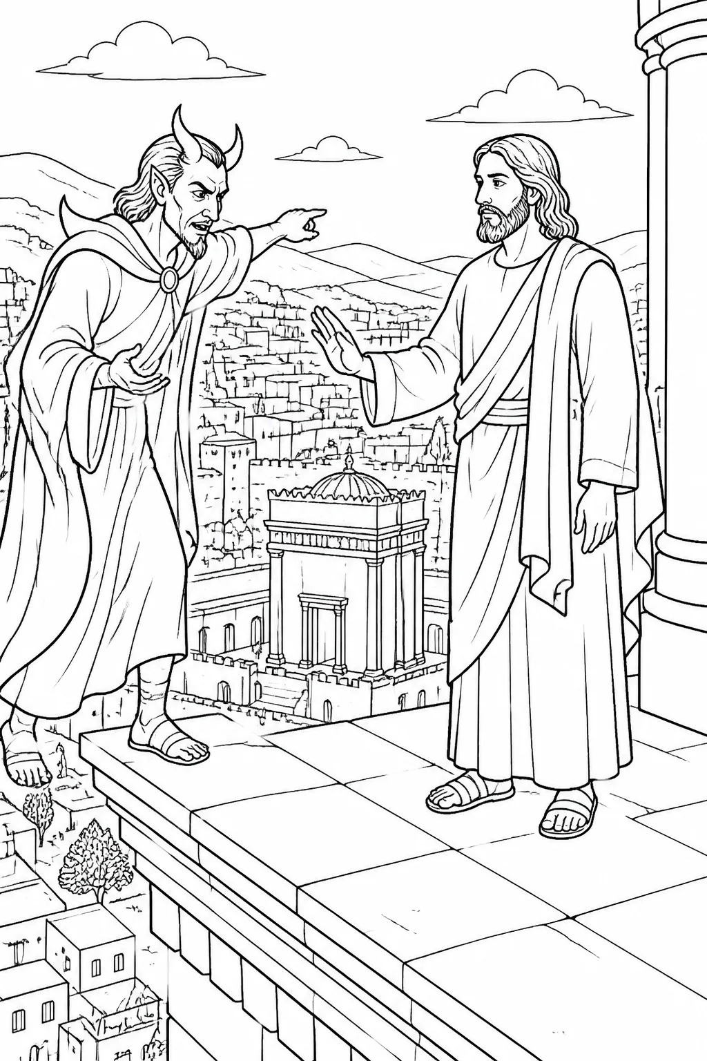Jesus stands safely at the temple pinnacle in the holy city while the devil points toward jumping; Jesus refuses to test God.