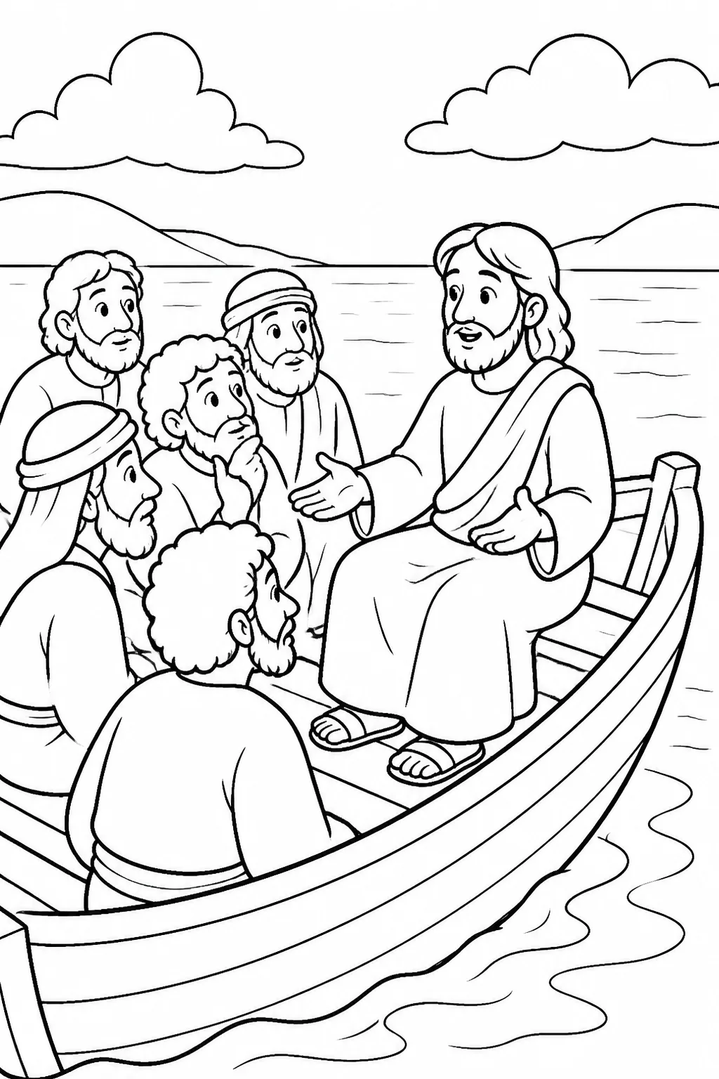 Jesus faces several disciples in a boat on a calm sea after the storm, asking why they are afraid and whether they still have no faith.